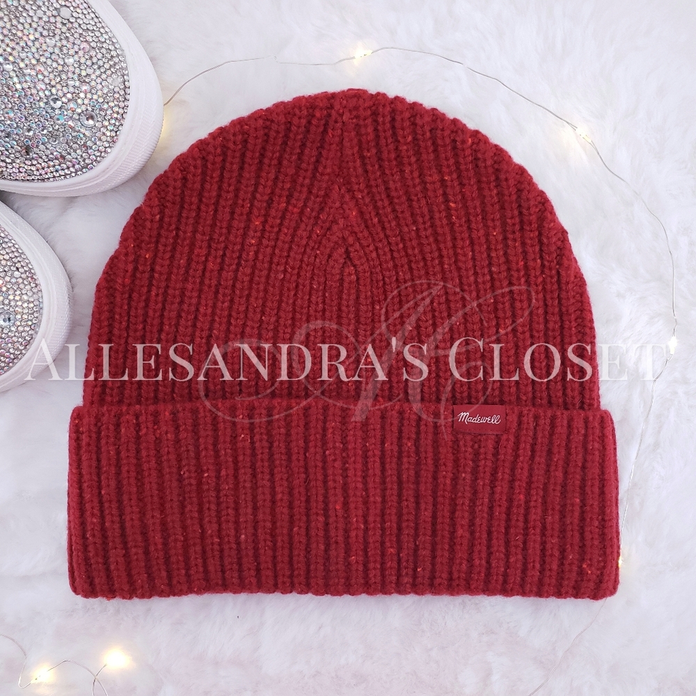 Madewell Hat Beanie Red Orange 100% Merino Wool Chunky Knit Cuff Cottagecore New